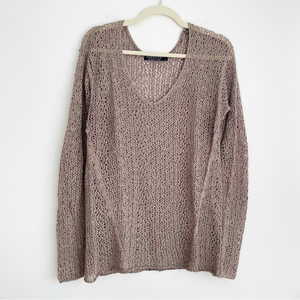 Peruvian Connection baby alpaca wool bamboo open sweater unconventional lace L